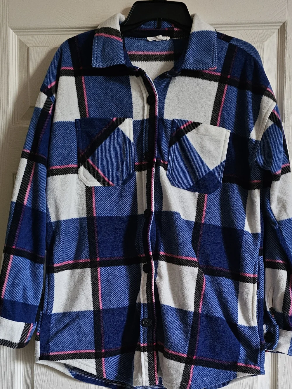 Ladies Small Maurices Blue Plaid Sweater with Pink Accents